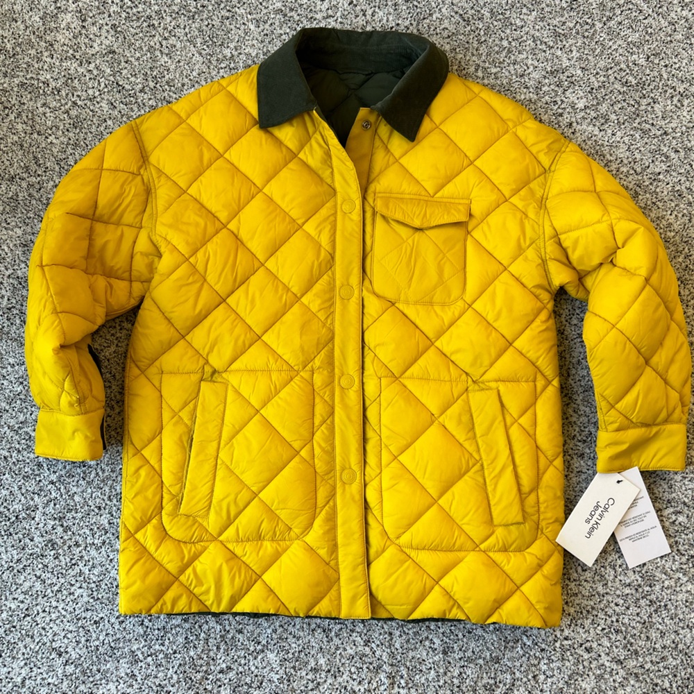 Calvin Klein Yellow Quilted Jacket with Green Corduroy Collar, Size: XS
